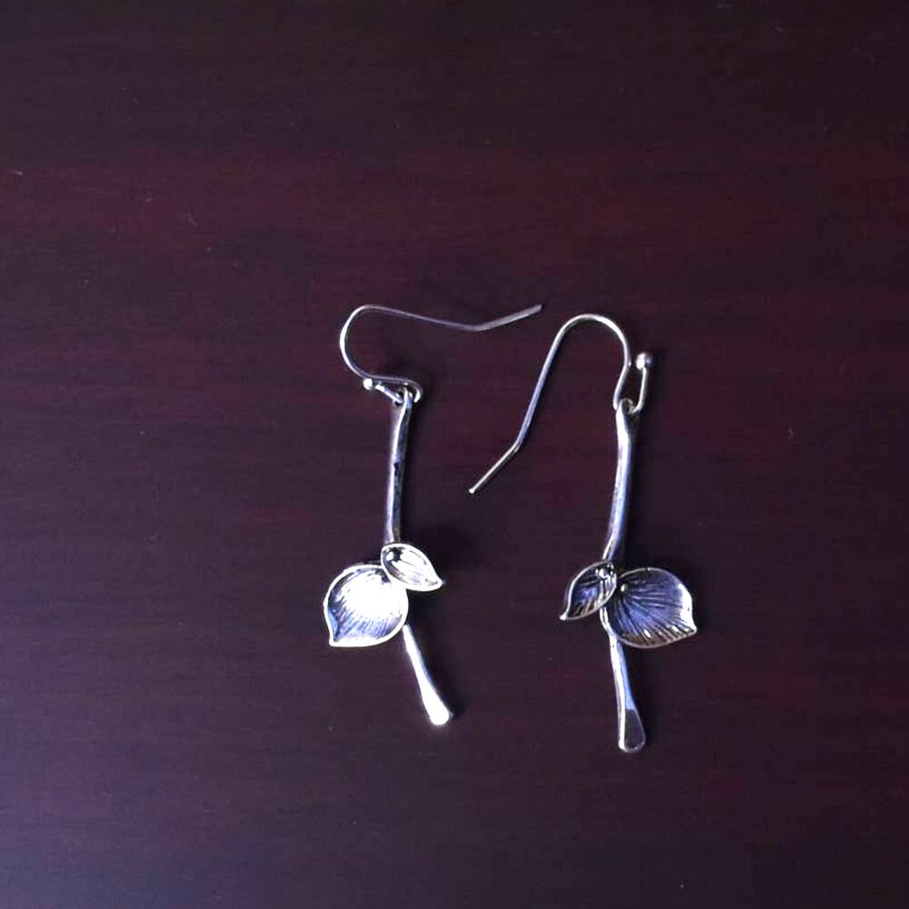 Silver Dangle Earrings - Unique Leaf Flower Drop - 2 inches - NEW